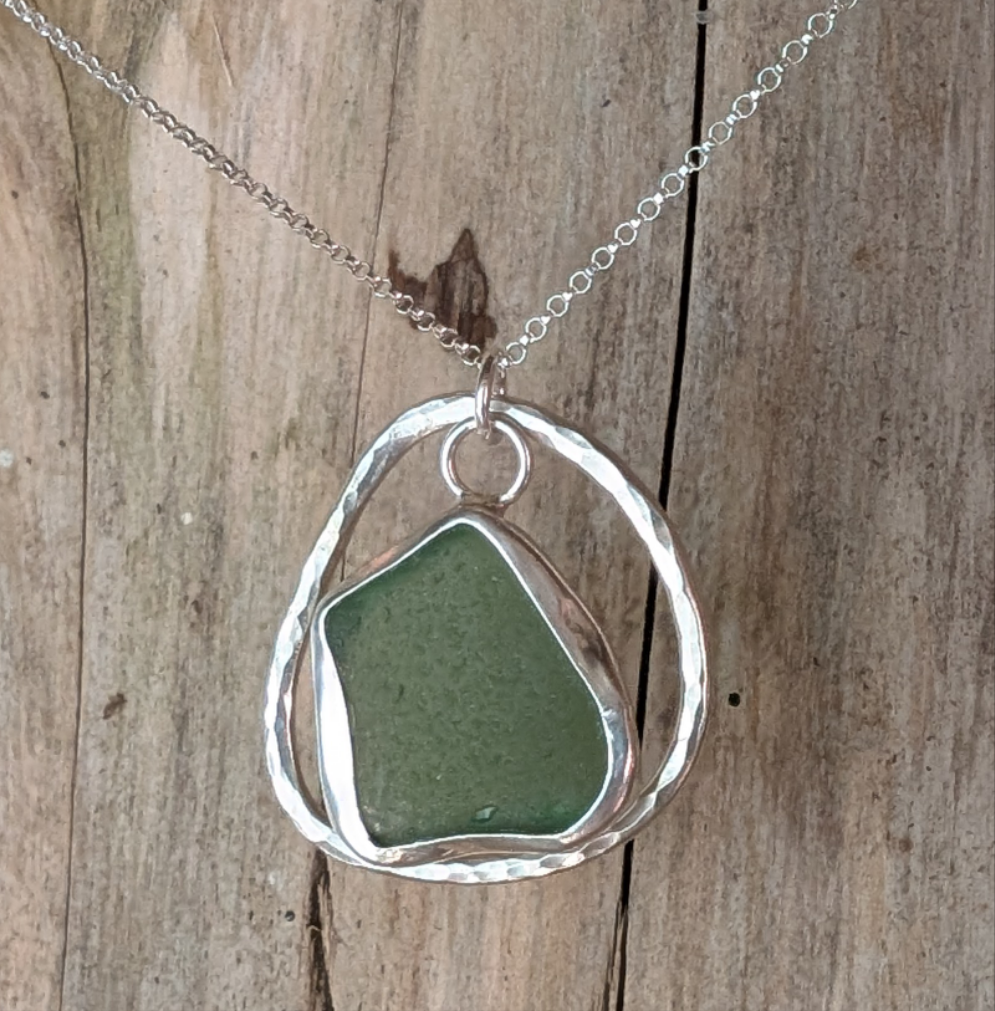 Green sea glass with halo necklace