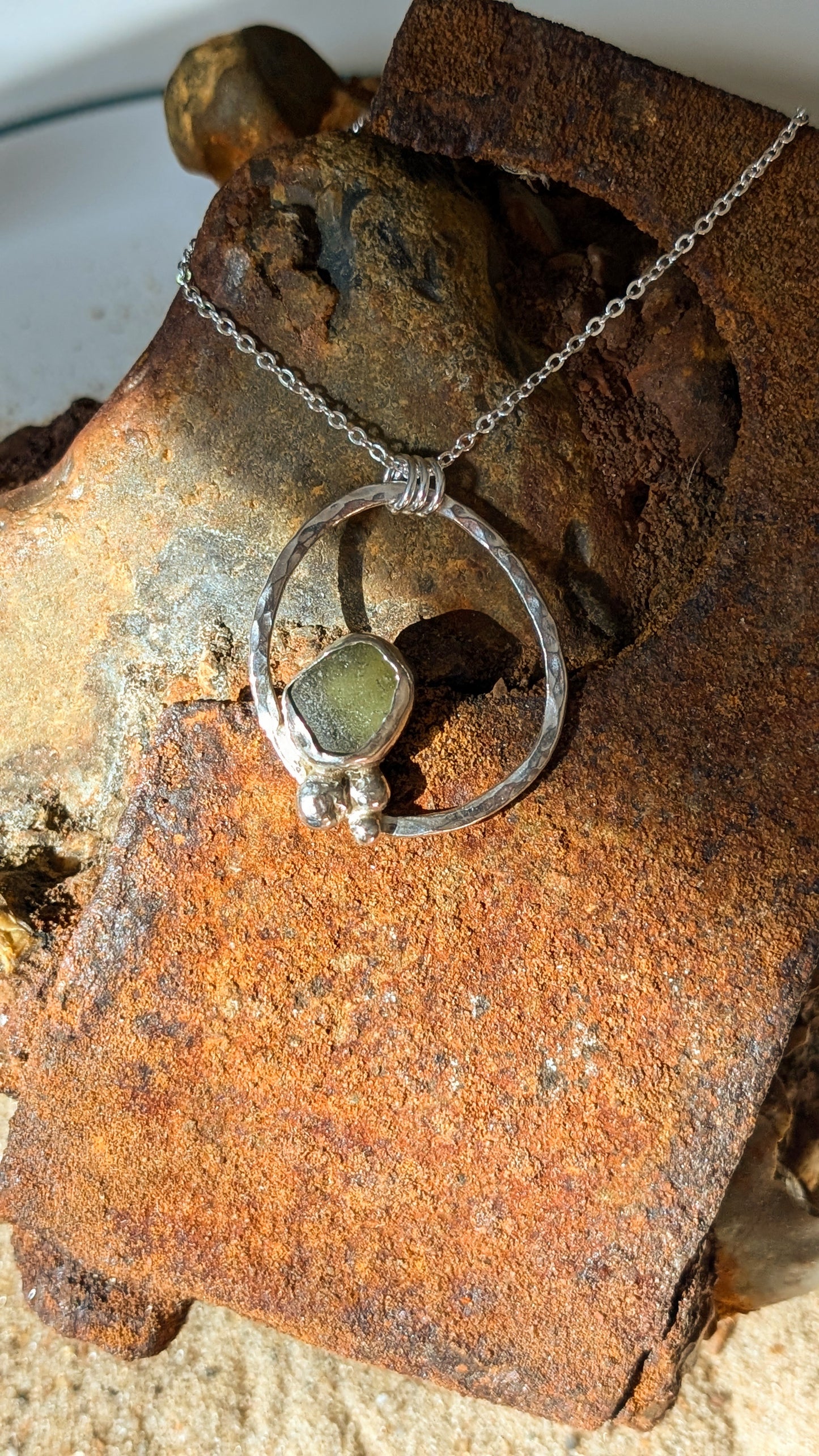Hammered hoop Green Sea Glass Necklace | 100% Recycled Sterling Silver | Eco-Friendly Coastal Jewellery with chain