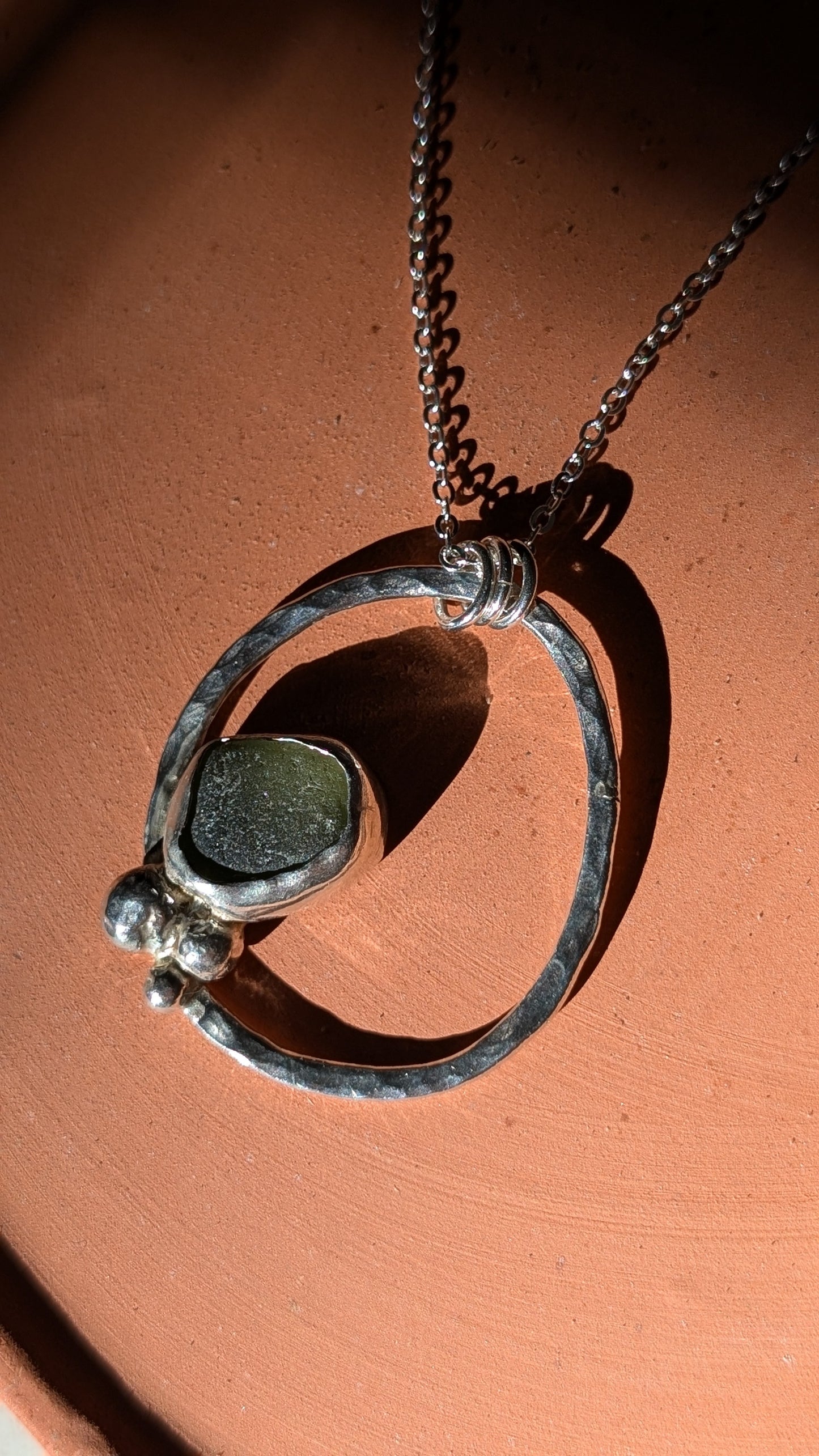 Hammered hoop Green Sea Glass Necklace | 100% Recycled Sterling Silver | Eco-Friendly Coastal Jewellery with chain