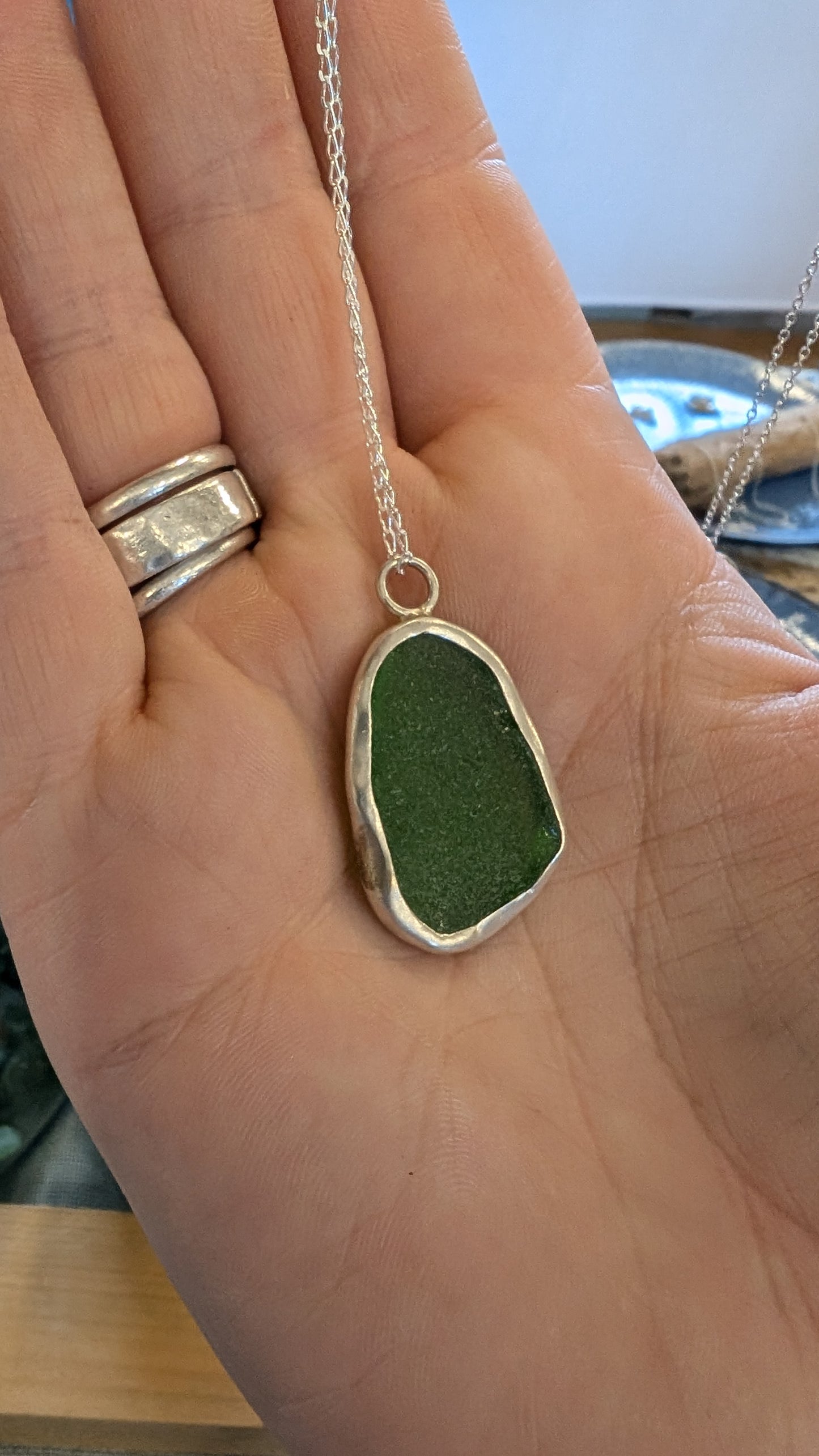 Green sea glass open bezel necklace