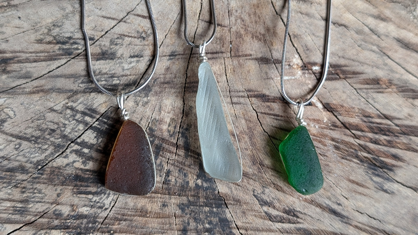 Silver wire wrap sea glass necklace