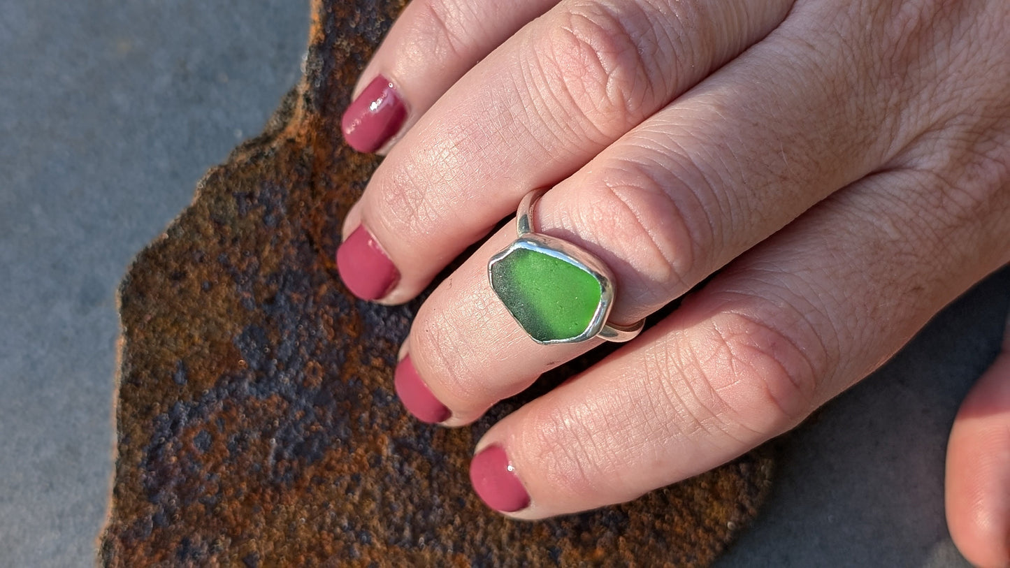 Handmade sea glass ring (medium) | 100% Recycled Sterling Silver | Eco-Friendly Coastal Jewellery. MADE TO ORDER