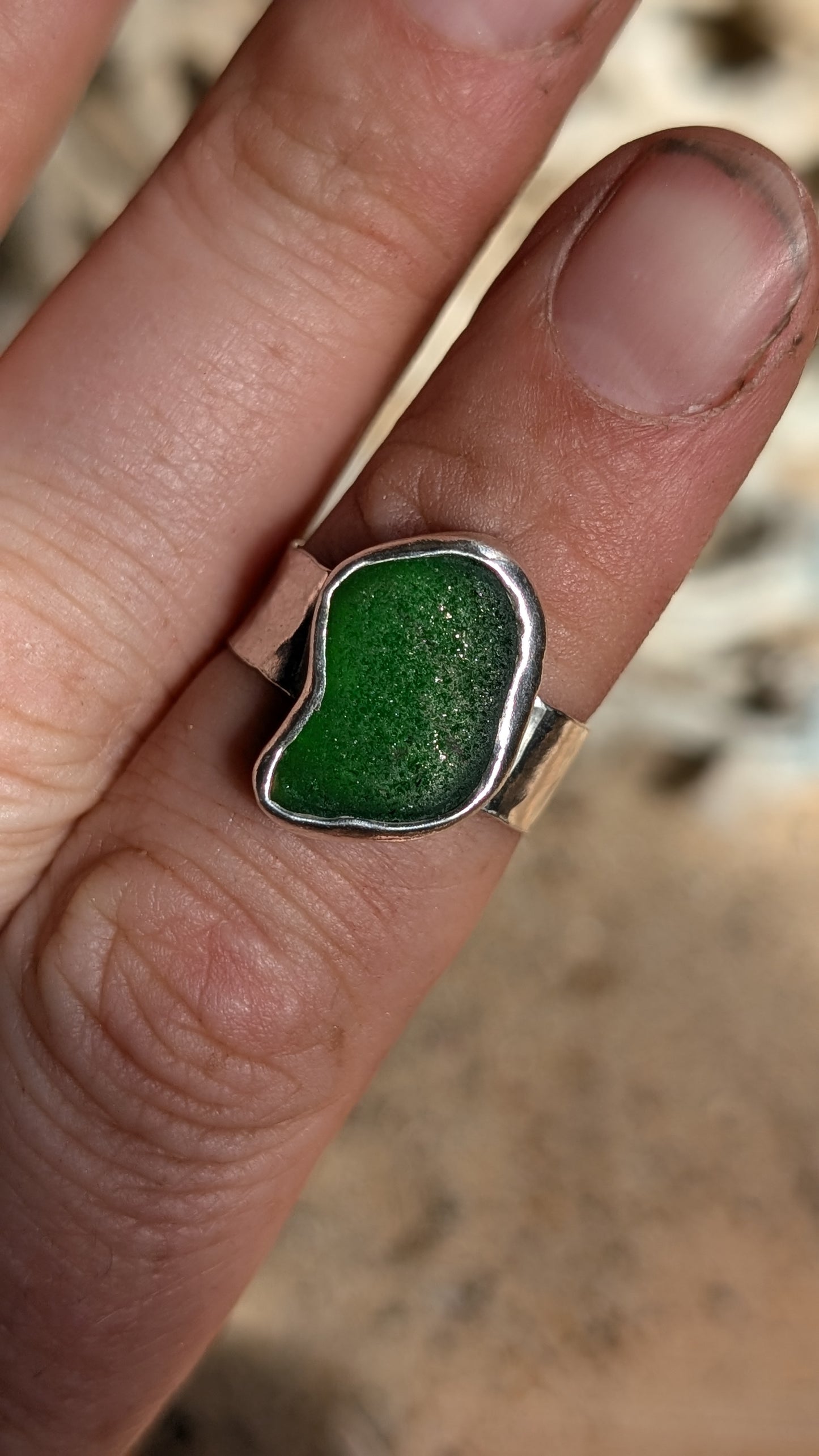 Adjustable green sea glass hammered ring