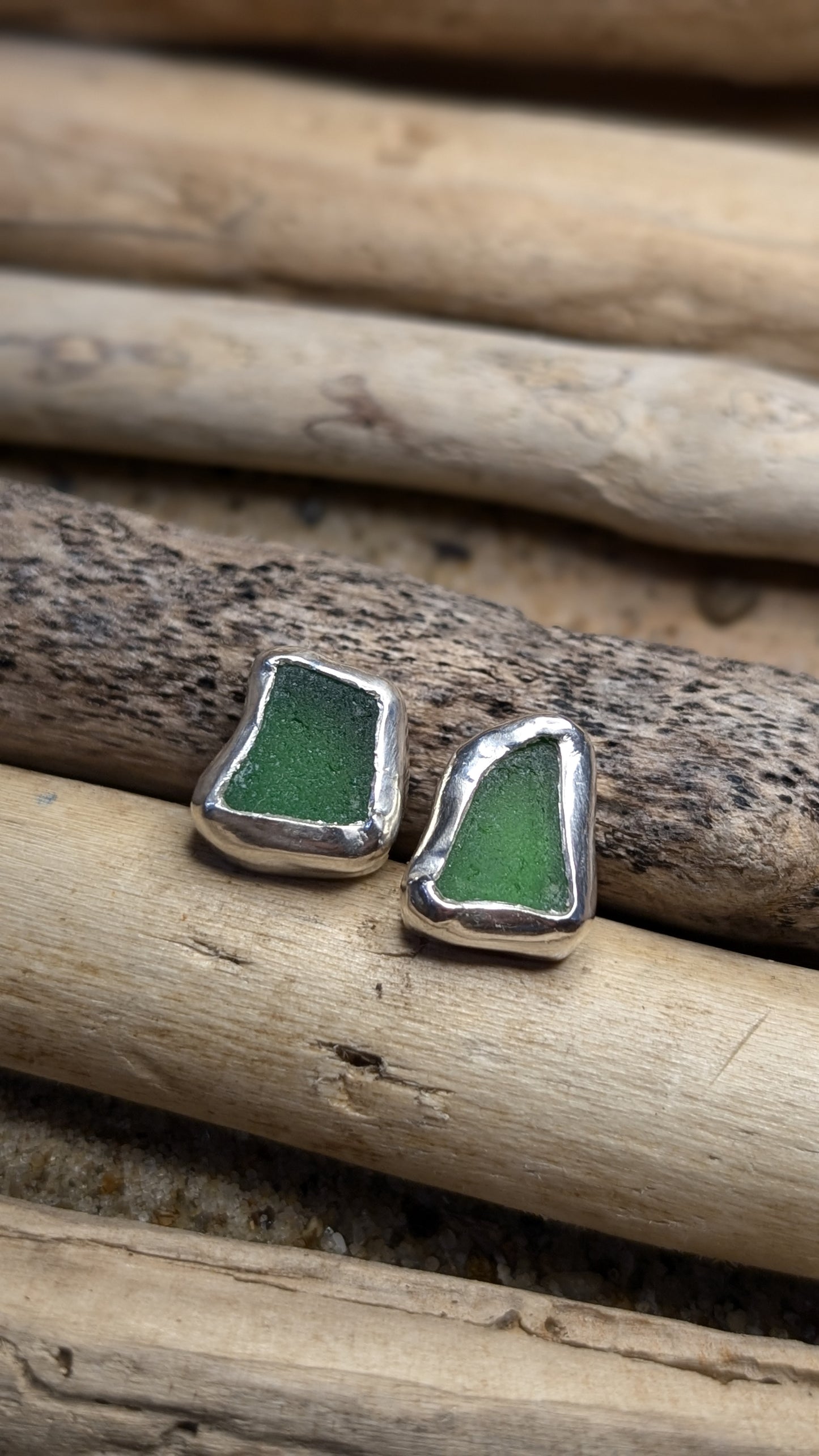 Green sea glass stud earrings