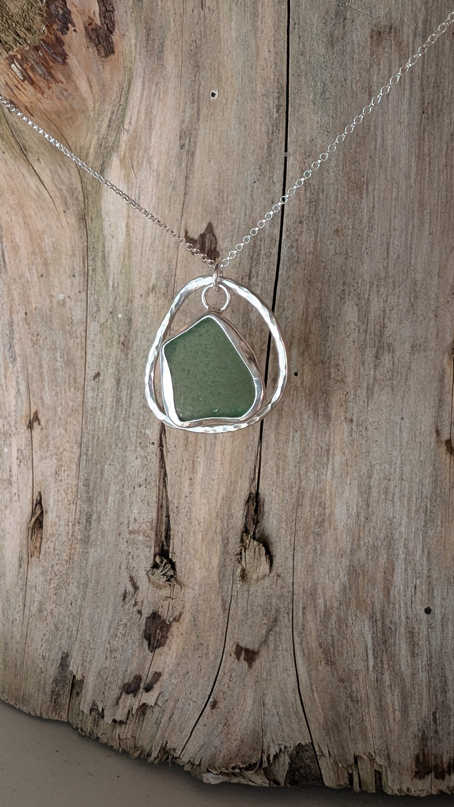 Green sea glass with halo necklace