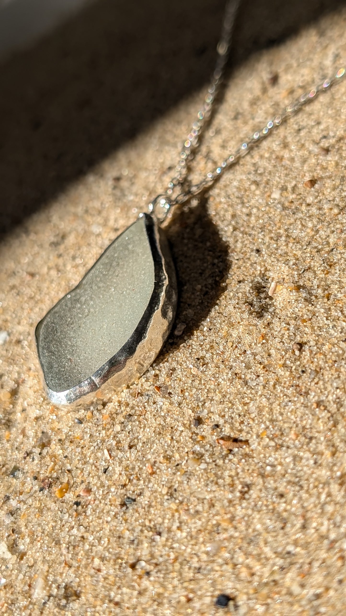 Hammered white sea glass bezel pendant with chain