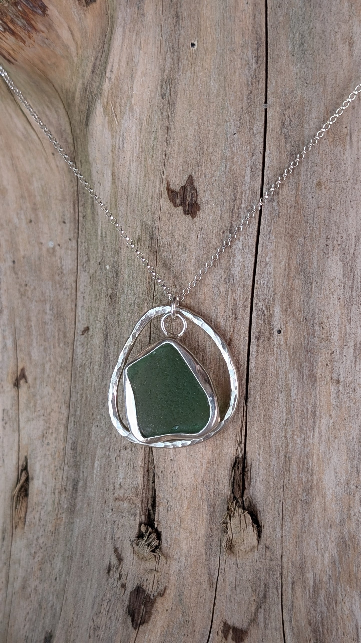Green sea glass with halo necklace