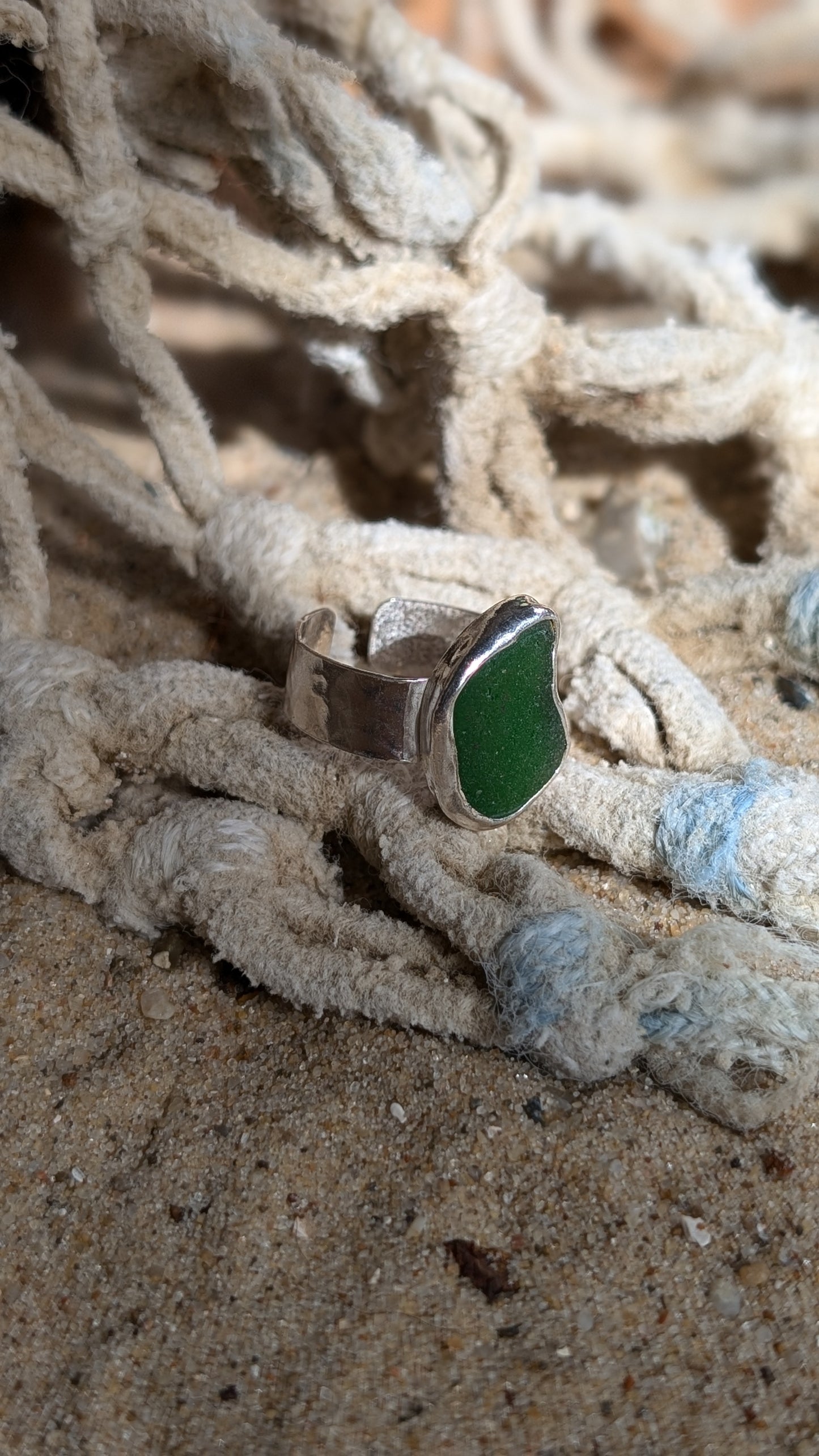 Adjustable green sea glass hammered ring