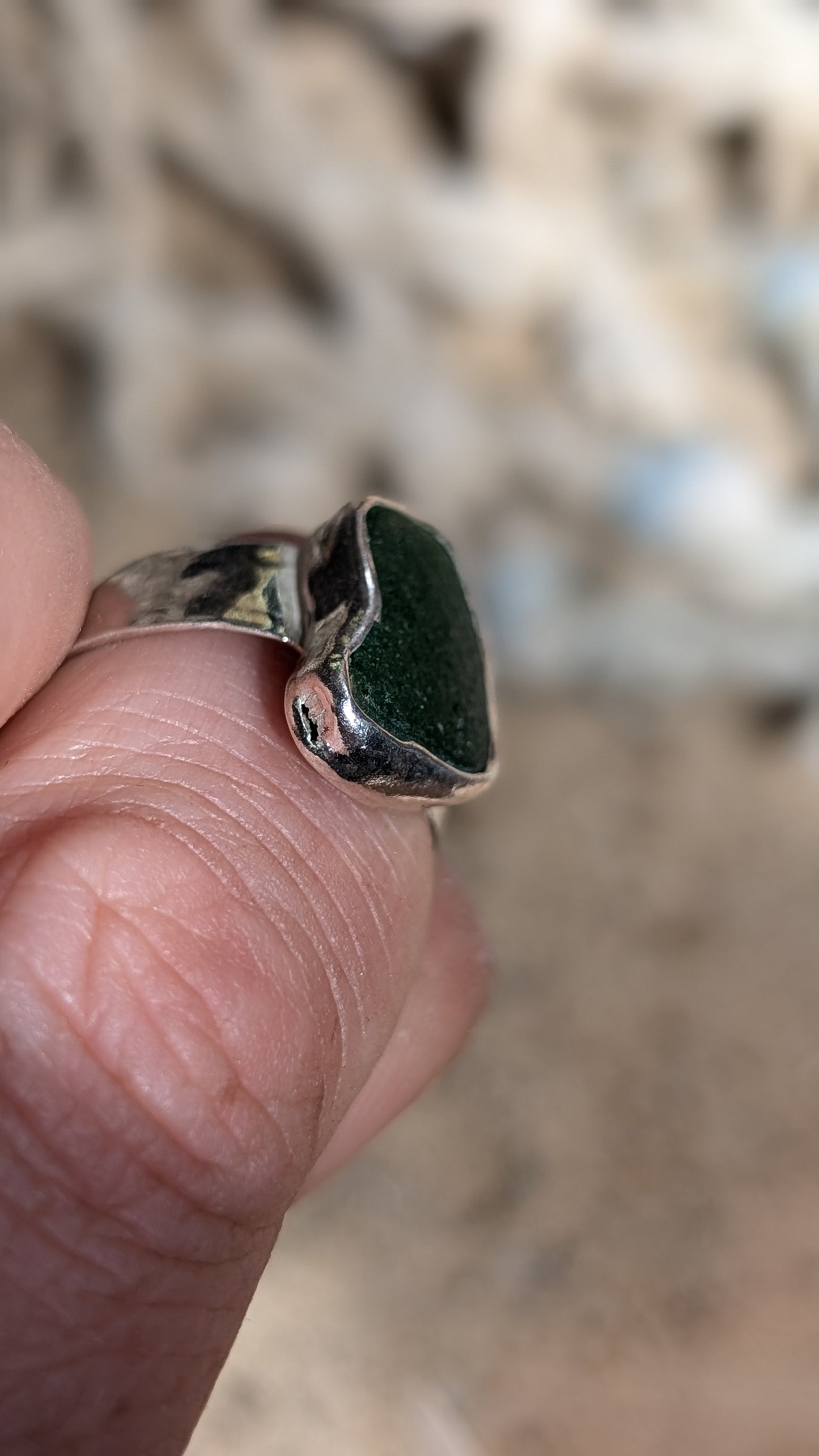Adjustable green sea glass hammered ring