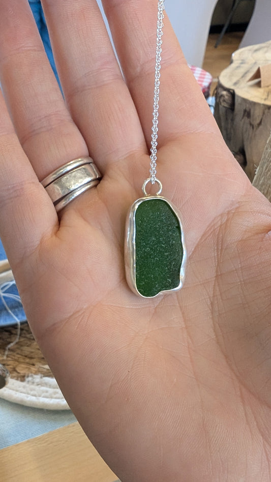 Green sea glass open bezel necklace