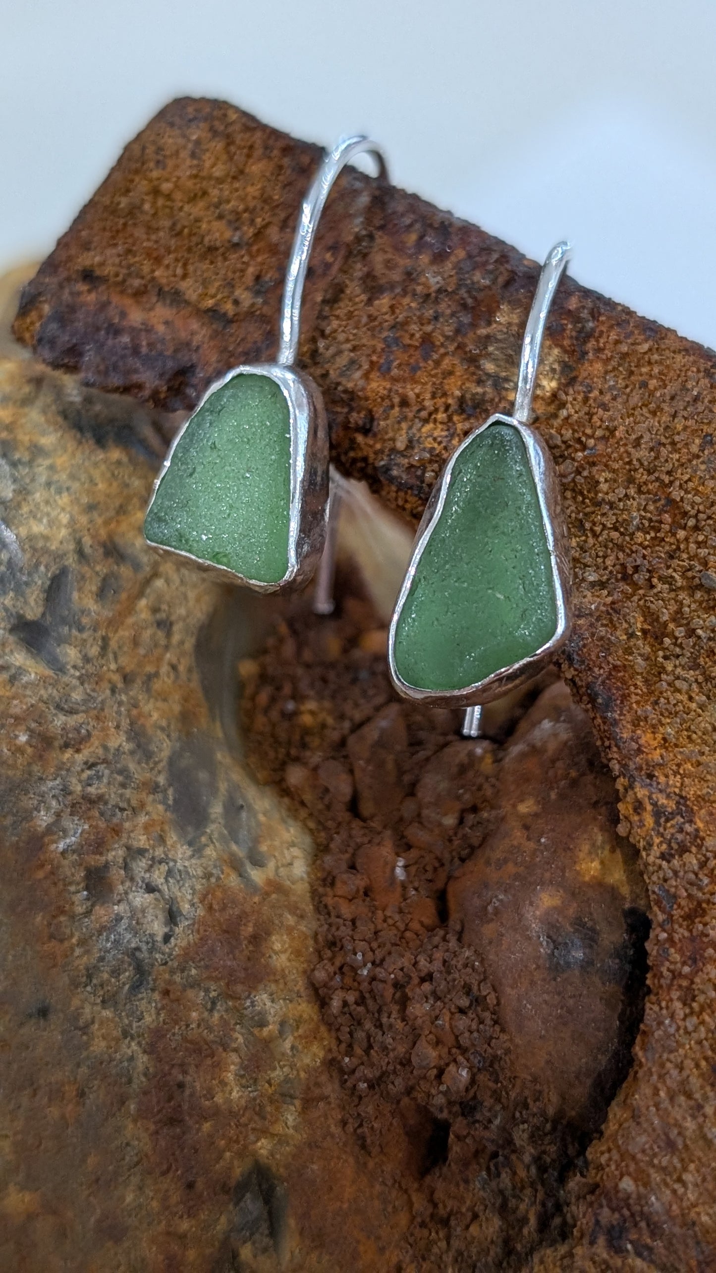 Green sea glass drop earrings